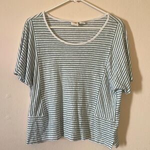 100% Linen White and Teal Stripe Top​​​​​